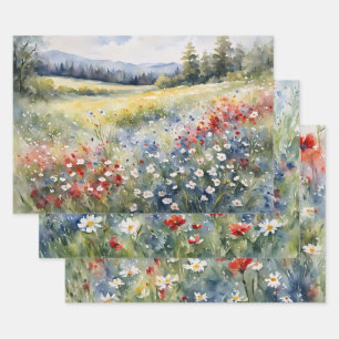 Feuille De Papier Cadeau Pack de variétés Fleur sauvage blanc et bleu rouge