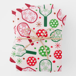 Feuille De Papier Cadeau Pagaies de Pickleball Rouge et Vert Noël