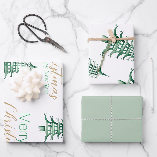 Feuille De Papier Cadeau Pagode verte Sage (Recto)