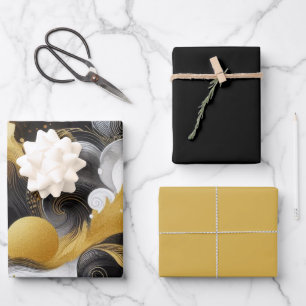 Feuille De Papier Cadeau Paillettes dorées avec abstrait noir 