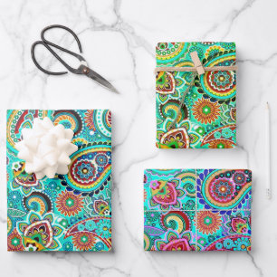 Feuille De Papier Cadeau Paisley florale colorée