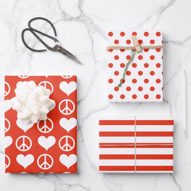 Feuille De Papier Cadeau Paix moderne + Amour Rouge Blanc Noël (Recto)