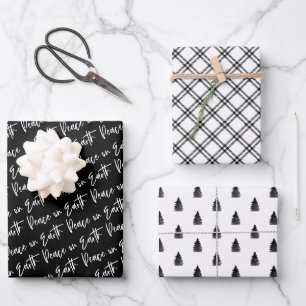 Feuille De Papier Cadeau Paix sur Terre Hiver Motifs noirs