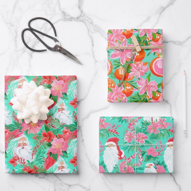 Feuille De Papier Cadeau Palm Beach Aquarelle de Noël rose et vert (Recto)