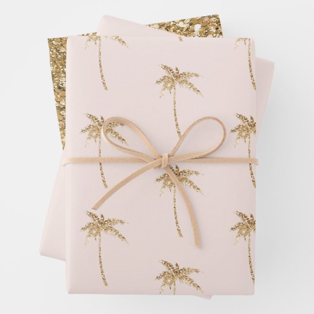 Feuille De Papier Cadeau Palmier Tropical Parties scintillant Or (En situation)