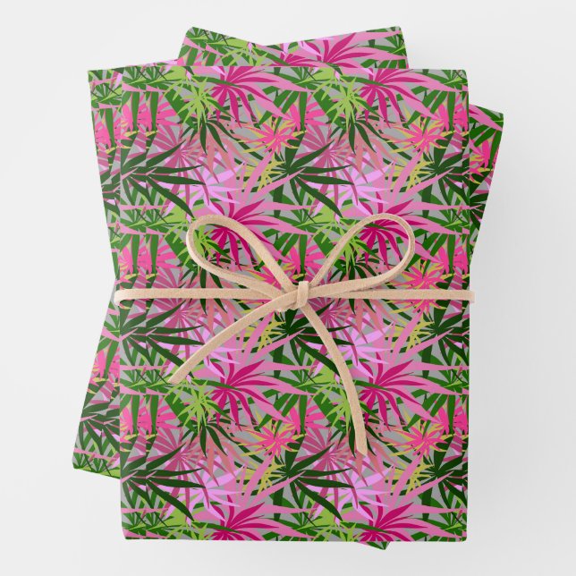 Feuille De Papier Cadeau Palmiers verts rose tropical (En situation)