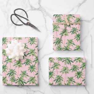 Feuille De Papier Cadeau Palmiers verts tropicaux sur fond rose
