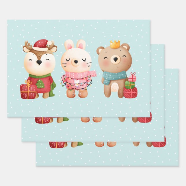 Feuille De Papier Cadeau Pals de Noël - Ours de rennes et lapin (Lot)
