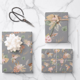 Feuille De Papier Cadeau Pampas Grass & Fleurs sur Grey
