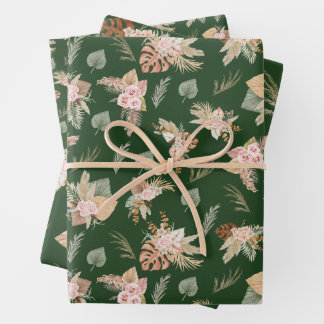 Feuille De Papier Cadeau Pampas Grass & Fleurs sur Vert foncé
