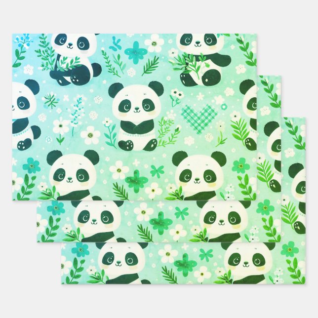 Feuille De Papier Cadeau Panda Bear Motif Vert Imprimer (Lot)