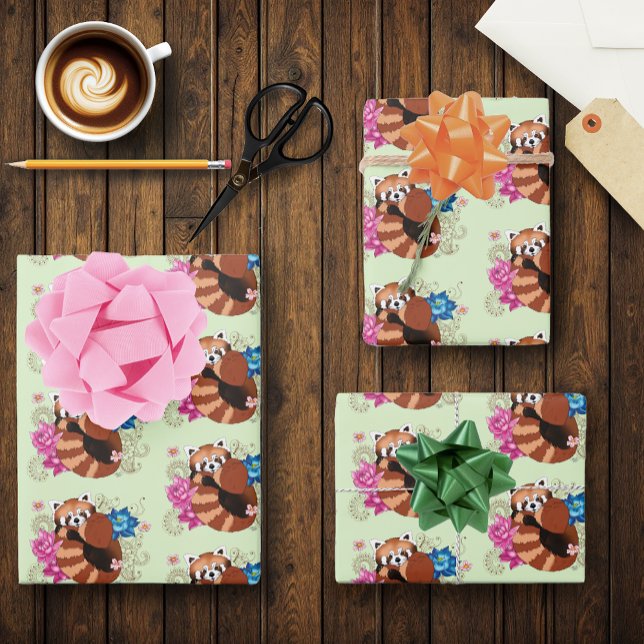 Feuille De Papier Cadeau Panda Rouge Lotus Fleurs Henné (Créateur téléchargé)