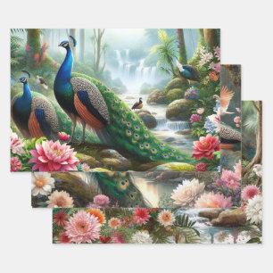 Feuille De Papier Cadeau Paon Floral Élégant