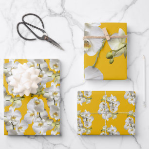Feuille De Papier Cadeau Papiers d'emballage Jaune Or Orchidées Blanches
