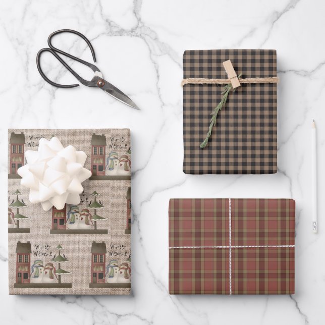 Feuille De Papier Cadeau Papiers Primitifs - Wynter Welcome Snowmen - Plaid (Recto)