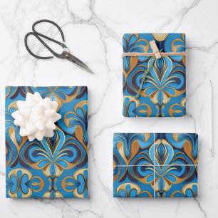 Feuille De Papier Cadeau Papiers vintages à motifs floraux bleu et or.