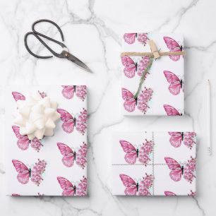 Feuille De Papier Cadeau Papillon à fleurs avec Sakura rose