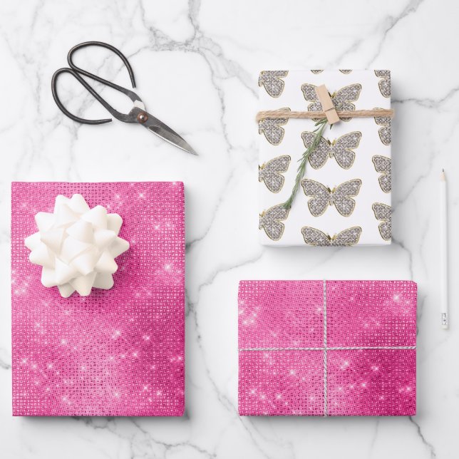 Feuille De Papier Cadeau Papillon bijoux à étincelle rose (Recto)