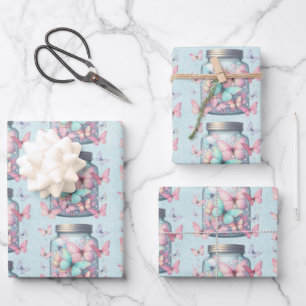 Feuille De Papier Cadeau Papillon Fantaisiste dans un Motif de Pot