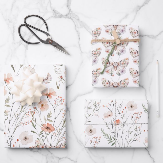Feuille De Papier Cadeau Papillon floral Fleur sauvage Boho (Recto)