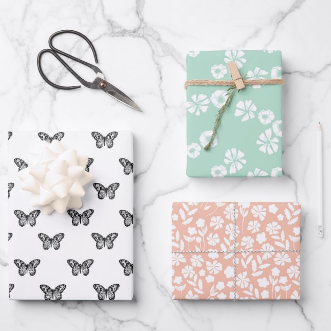 Feuille De Papier Cadeau Papillon noir fleurs pastel (Recto)