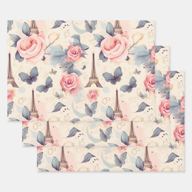 Feuille De Papier Cadeau Papillon Tour Eiffel et Motif Rose (Lot)