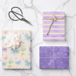 Feuille De Papier Cadeau Papillon violet bande métallique cadeau