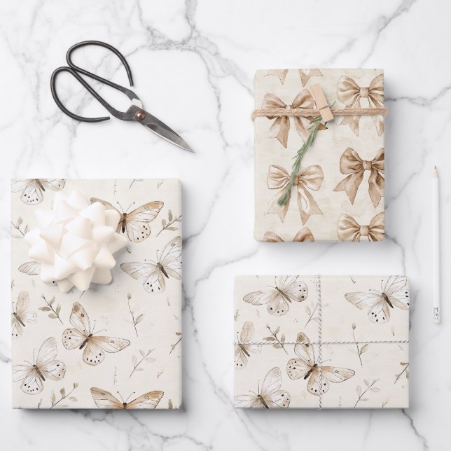 Feuille De Papier Cadeau Papillons à la crème chic Anniversaire (Recto)
