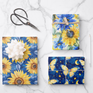Feuille De Papier Cadeau Papillons aux fleurs jaunes bleues Anniversaire