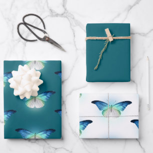 Feuille De Papier Cadeau Papillons blancs brillants Anniversaire