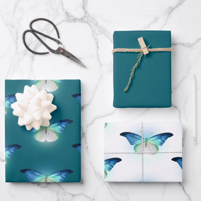 Feuille De Papier Cadeau Papillons blancs brillants Anniversaire (Recto)