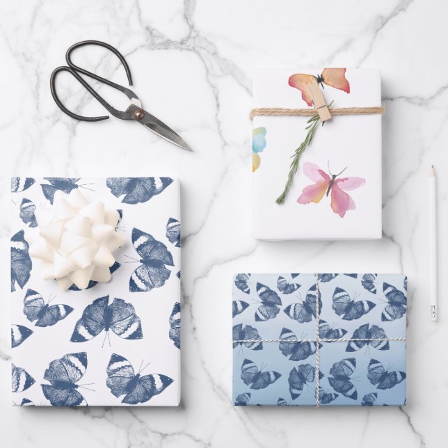 Feuille De Papier Cadeau Papillons bleus (Recto)