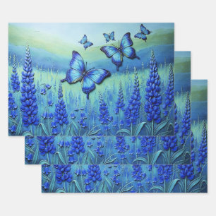 Feuille De Papier Cadeau Papillons Bleus avec des Fleurs Bleues,