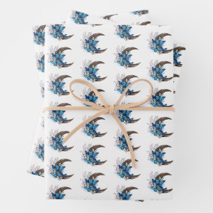 Feuille De Papier Cadeau Papillons bleus sur croissant en bois
