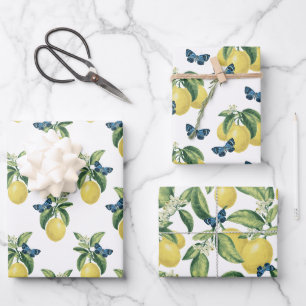 Feuille De Papier Cadeau Papillons Citrus bleu citron