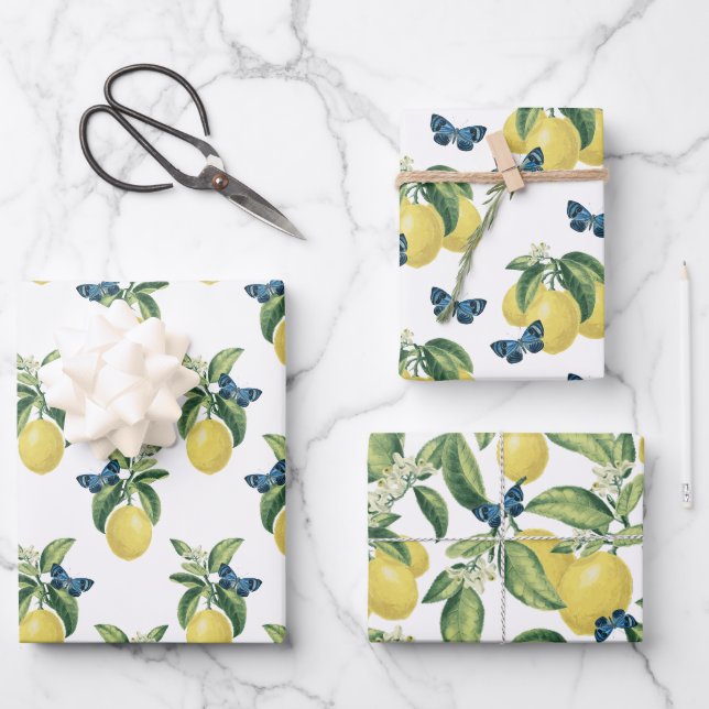 Feuille De Papier Cadeau Papillons Citrus bleu citron (Recto)
