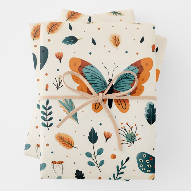 Feuille De Papier Cadeau Papillons d'art populaire avec Turquoise et Terrac (En situation)