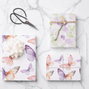 Feuille De Papier Cadeau Papillons de lavande violet Pêche Anniversaire