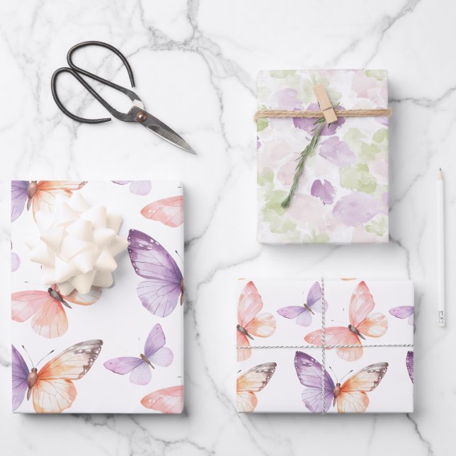 Feuille De Papier Cadeau Papillons de lavande violet Pêche Anniversaire (Recto)
