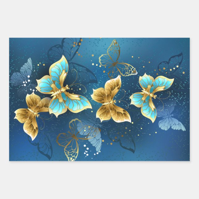 Feuille De Papier Cadeau Papillons d'or (Devant)