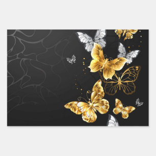 Feuille De Papier Cadeau Papillons d'or et de blanc