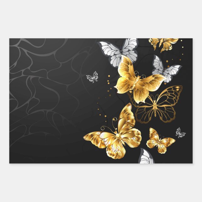 Feuille De Papier Cadeau Papillons d'or et de blanc (Devant)