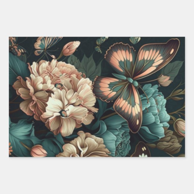 Feuille De Papier Cadeau Papillons et fleurs design classique foncé (Devant)