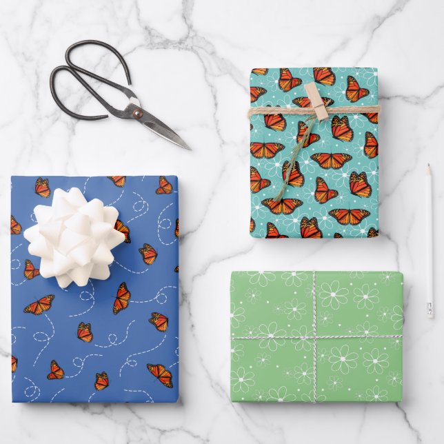 Feuille De Papier Cadeau papillons lunaires mouchetons gribouillis fleurs d (Recto)