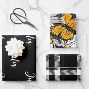 Feuille De Papier Cadeau Papillons Monarque Noir et Blanc Monogramme