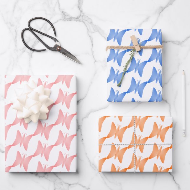 Feuille De Papier Cadeau Papillons Peach Bleu Rose (Recto)