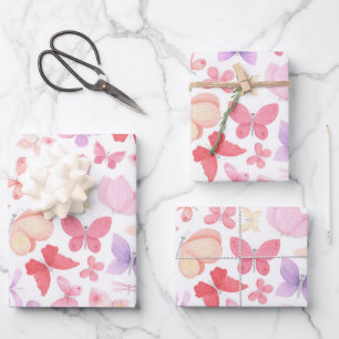 Feuille De Papier Cadeau Papillons rose violet jaune 