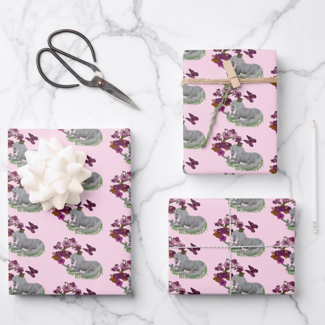 Feuille De Papier Cadeau Papillons Unicorne Et Fleurs (Recto)