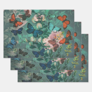 Feuille De Papier Cadeau Papillons vintages et fleurs bleu