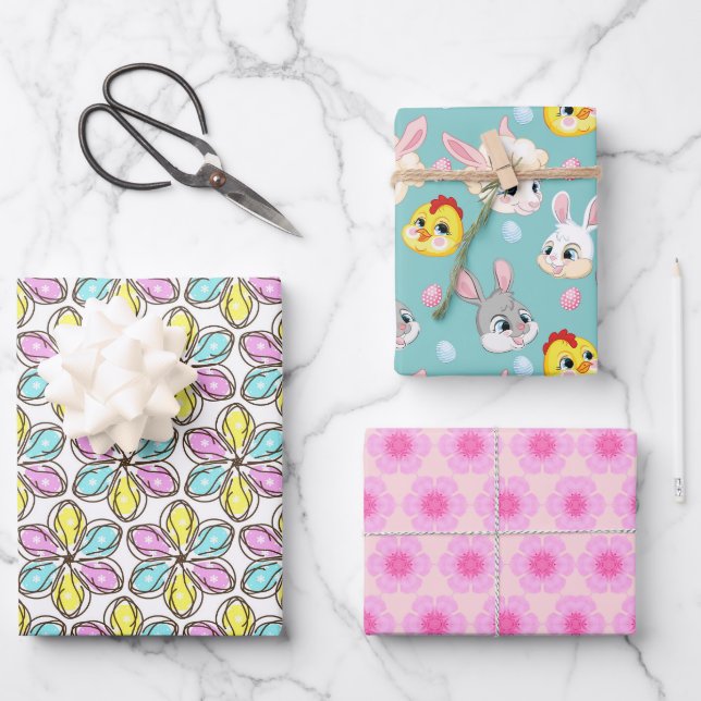 Feuille De Papier Cadeau Pâques Florales Et Animaux (Recto)